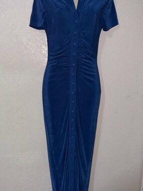 Ruched Button-Front Maxi Dress in Deep Blue
